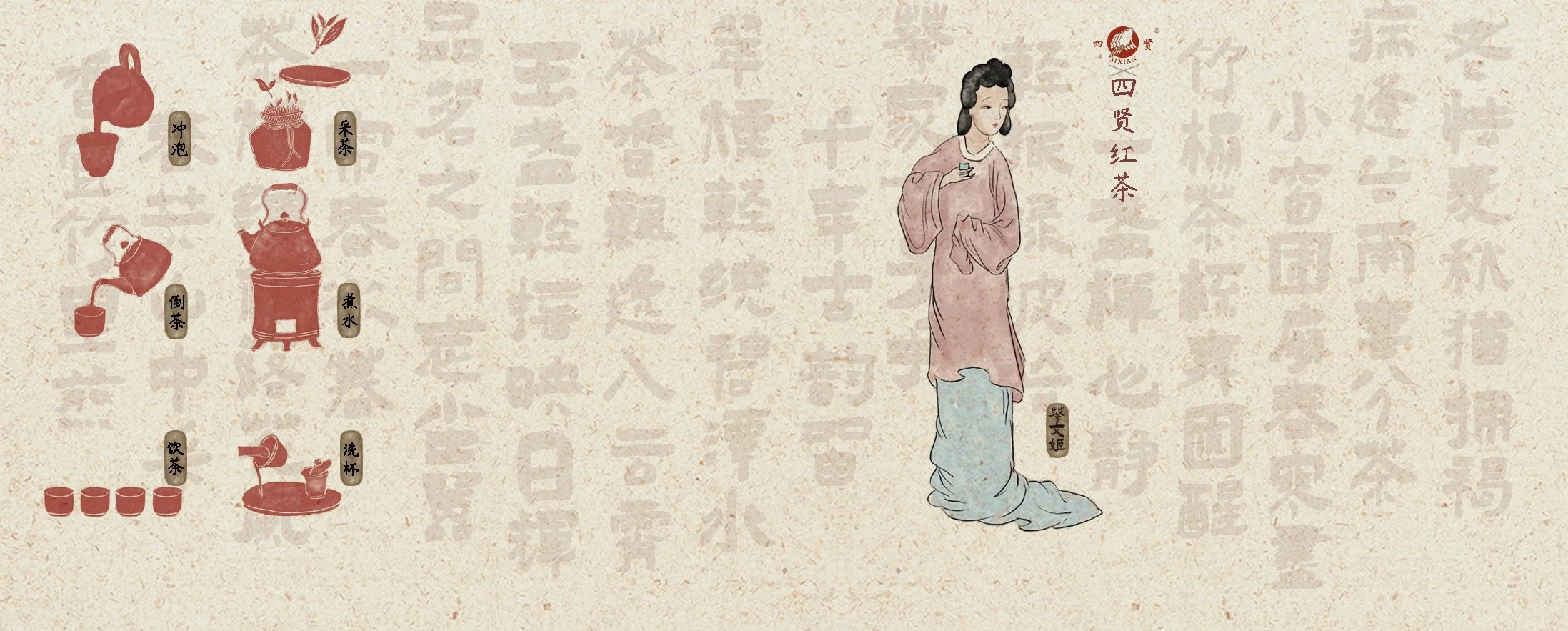 Illustration depicting traditional Chinese tea preparation with steps from heating water to pouring tea into cups, alongside a woman in traditional attire holding a small tea cup, with Chinese characters and symbols in the background.