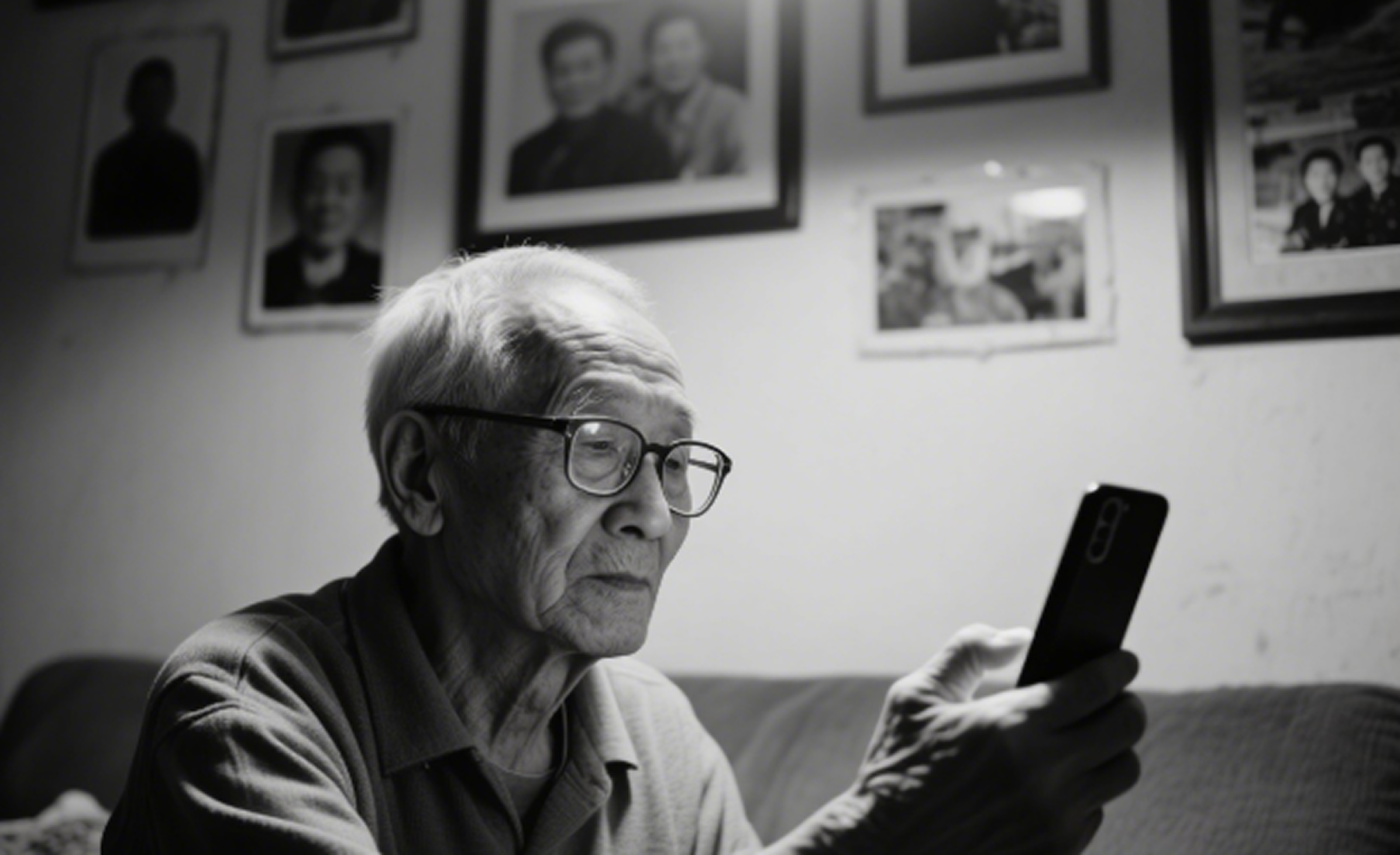 An elderly man with glasses looking at his cellphone in a room with framed photographs on the wall.