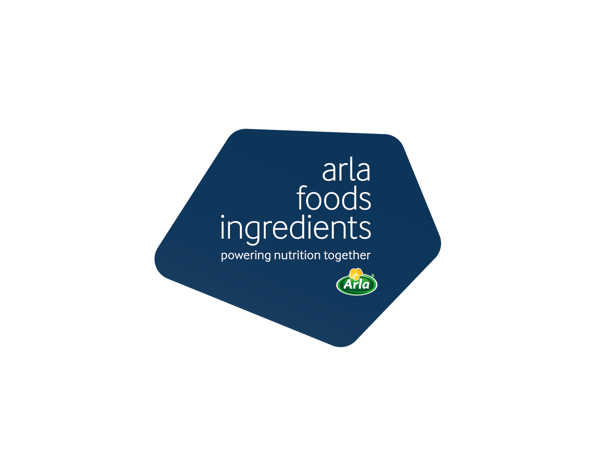 A graphic with a navy blue geometric shape background, featuring the word "Arla" and a yellow flower logo, with the text "Arla Foods Ingredients" and "Powering nutrition together."