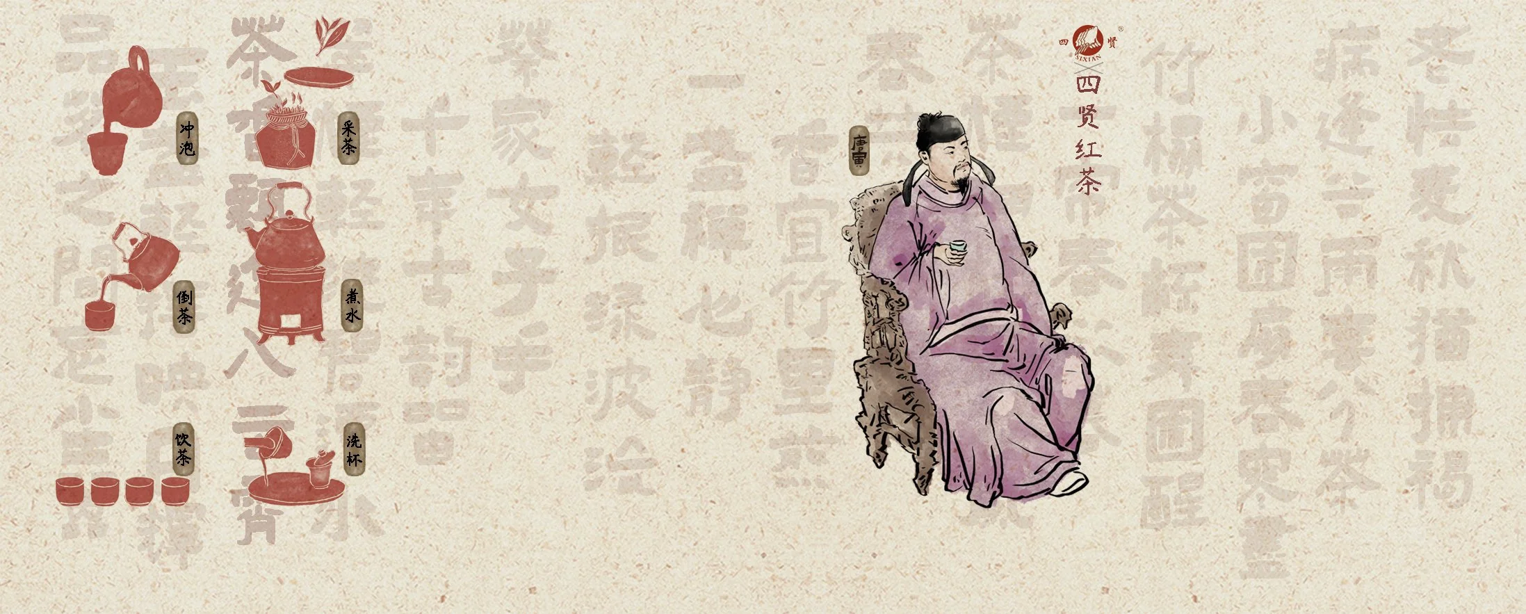 Illustration of traditional Chinese tea-making process on the left and a man in traditional Chinese clothing sitting on a carved wooden chair holding a teacup on the right. The background contains faded Chinese characters and labels describing each step of the tea preparation.