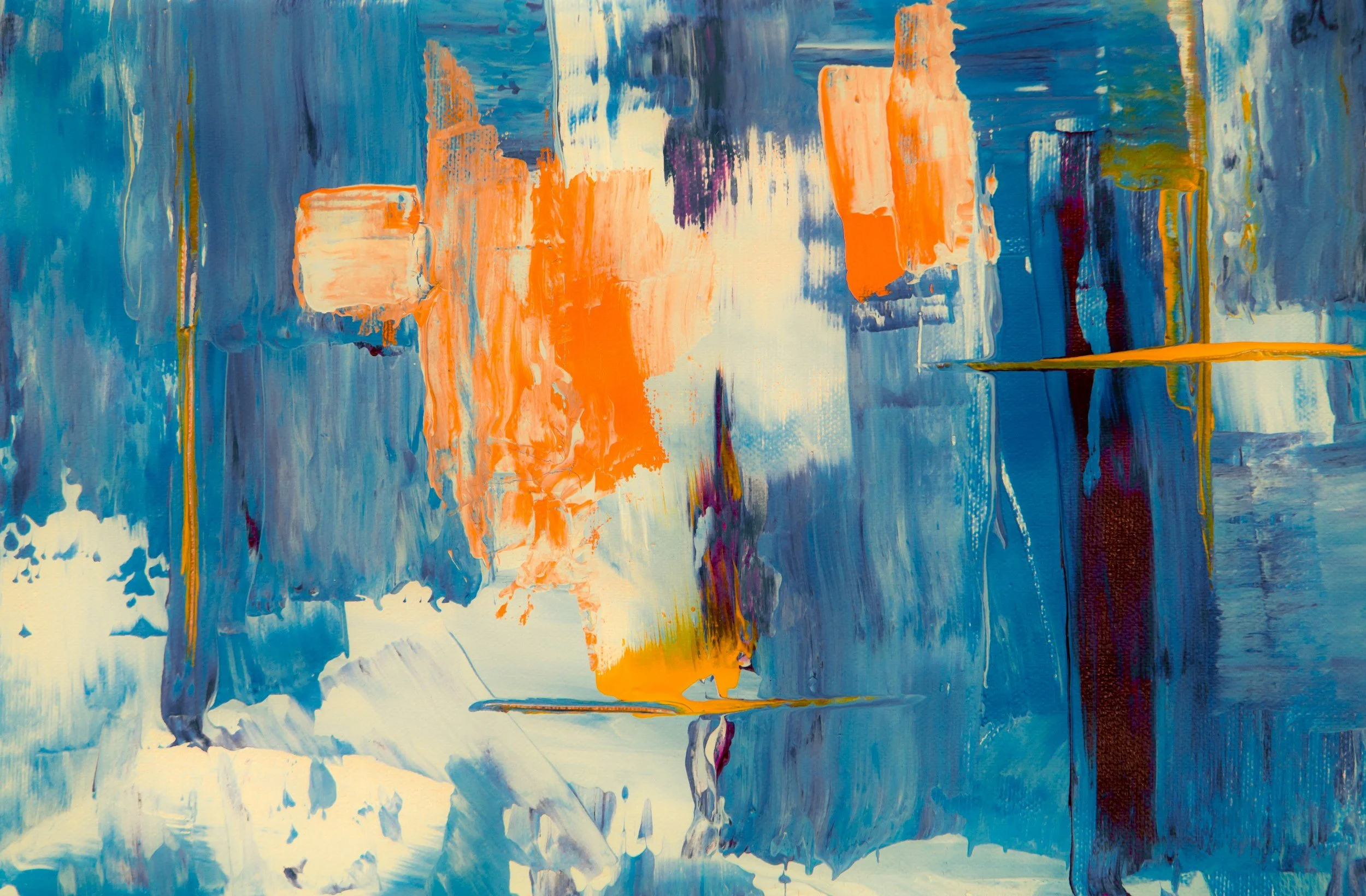 Abstract painting with bold blue, orange, and white brushstrokes creating a vibrant and dynamic composition.