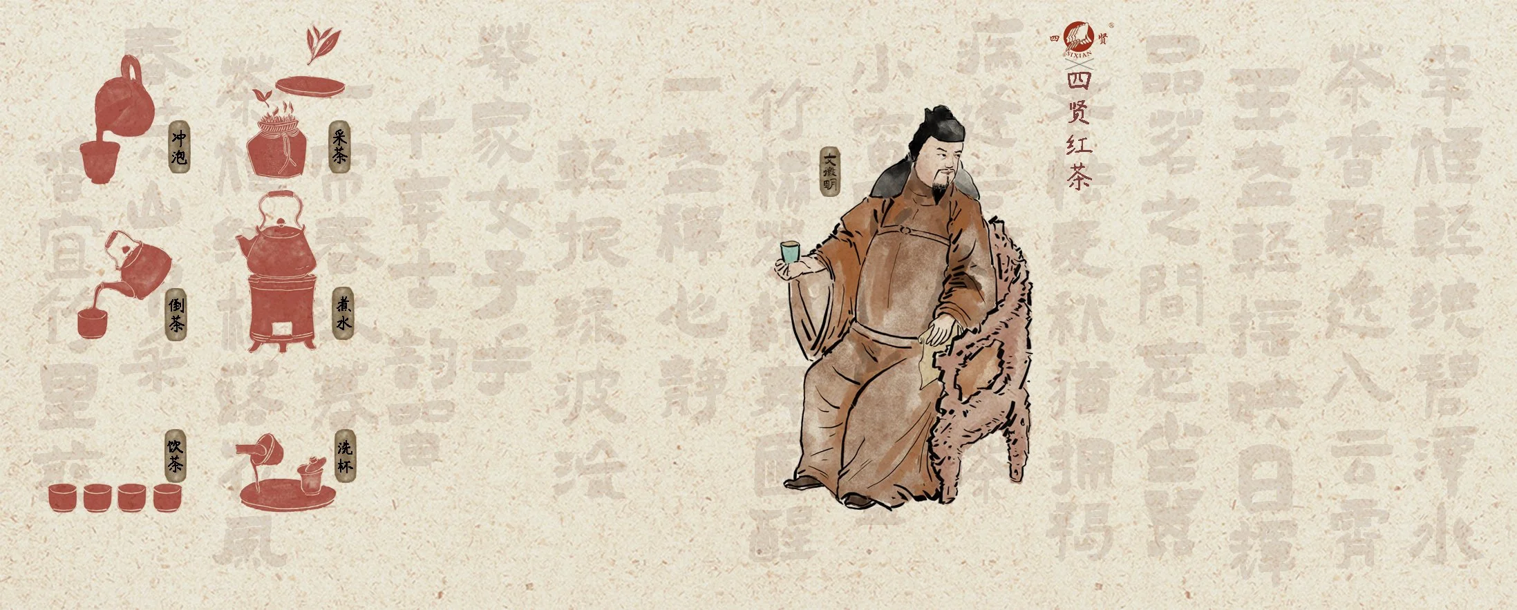 Traditional Chinese tea preparation illustration with a man dressed in historical clothing holding a cup, surrounded by various tea-related items such as teapots, cups, and a charcoal stove, with Chinese characters in the background.